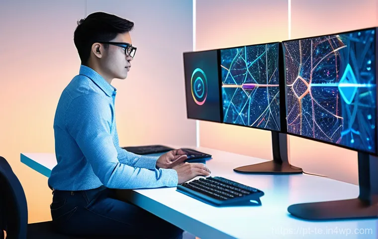 효율적인 신경망 아키텍처 설계 방법론 - **Prompt 1: The AI Innovator's Workspace**
A young, diverse AI developer, male or female, wearin...